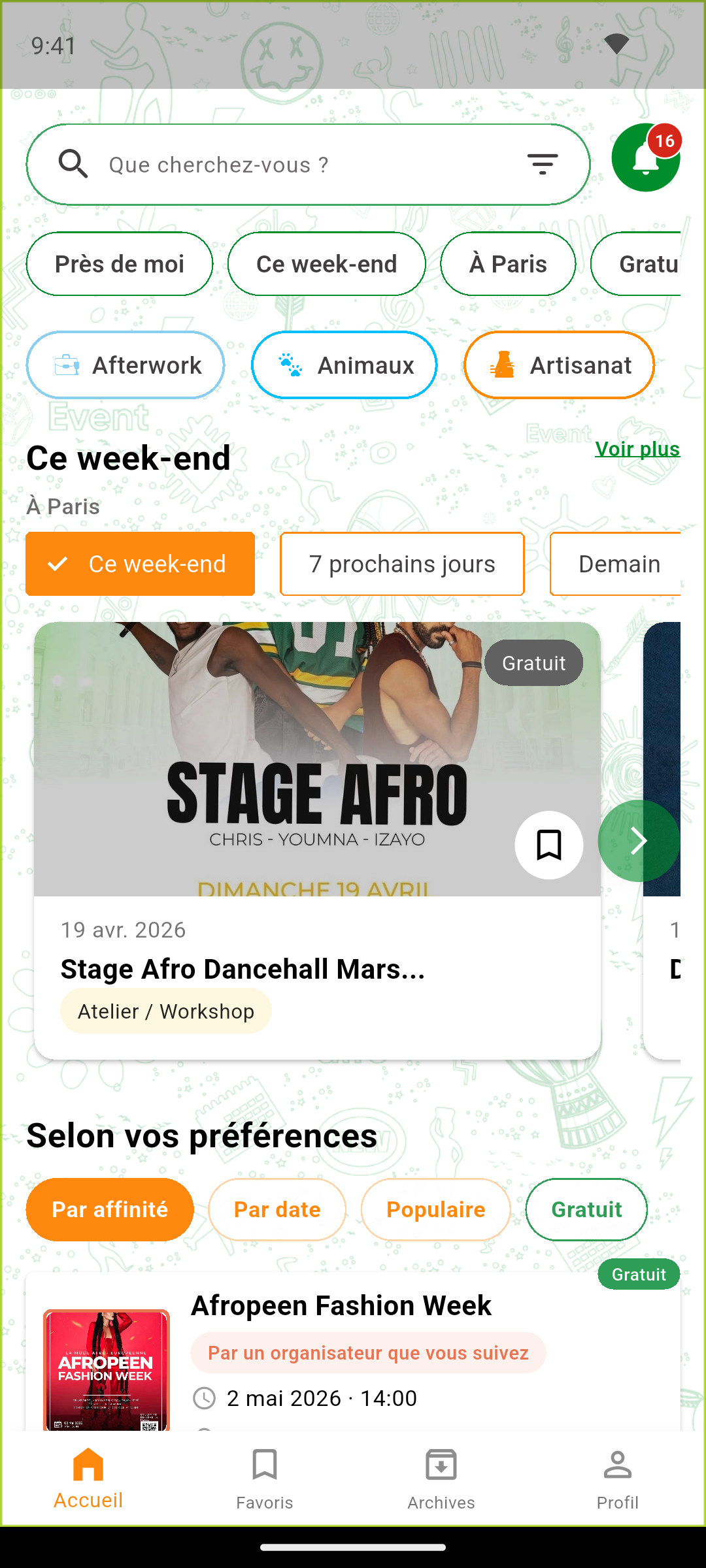 Accueil de l’application AfroEvent Vibes