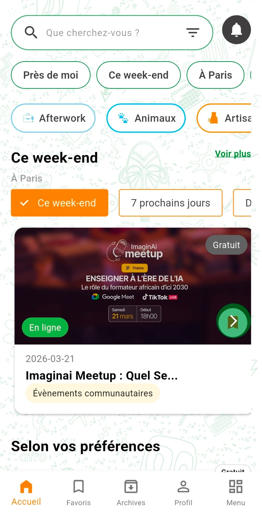 Accueil de l'application AfroEvent Vibes